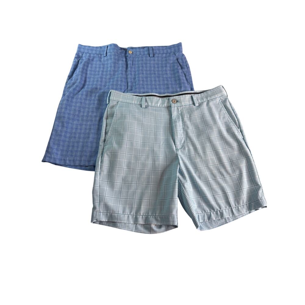 PGA Tour Mens 36 Golf Shorts Lot 2 Blue Plaid Check Performance Flat Front